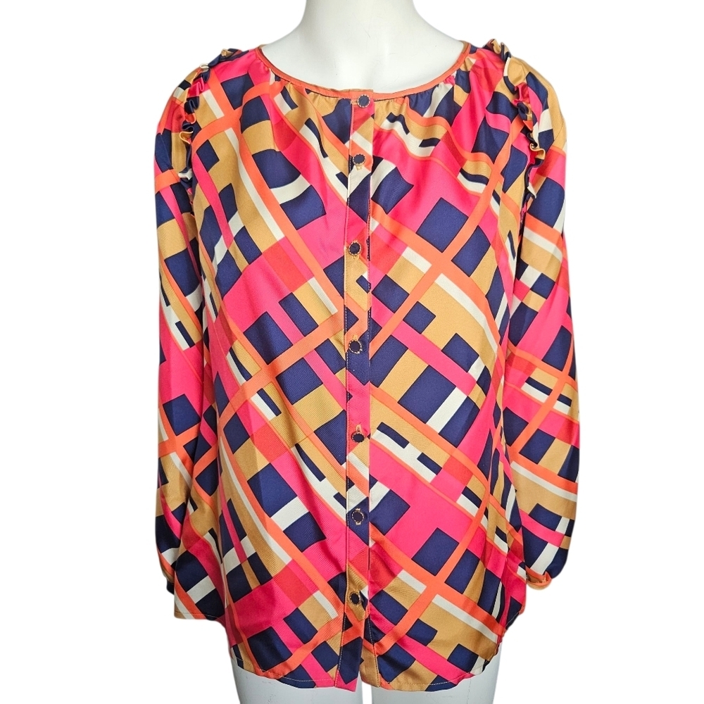 Britt Ryan Button Down Silk Blouse Diagonal Plaid‎ Shirt Small